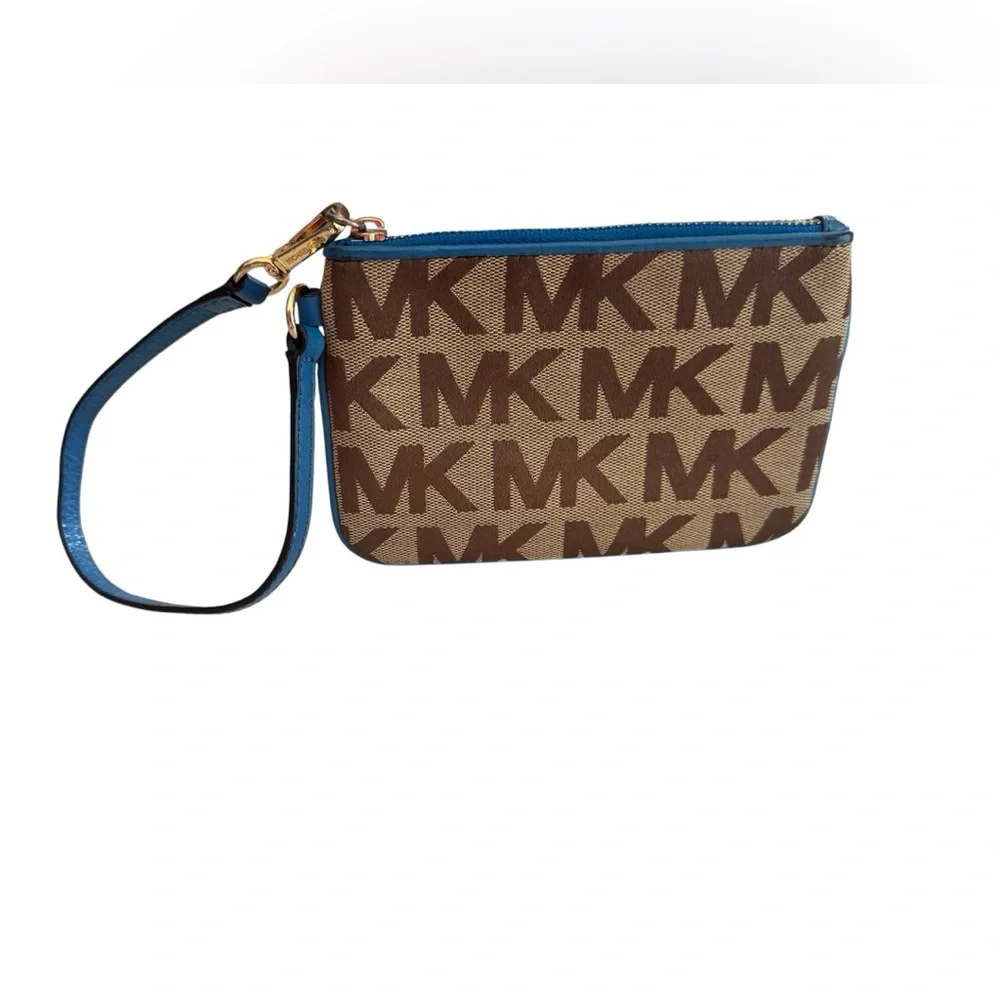 Michael Kors Tan and Blue Logo Wristlet